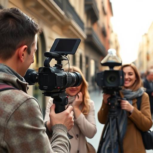 Clientes sonriendo durante la filmación de un video promocional en el centro de Madrid.