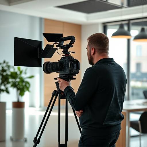 Equipo de filmación trabajando en un video corporativo en una oficina moderna en Madrid.