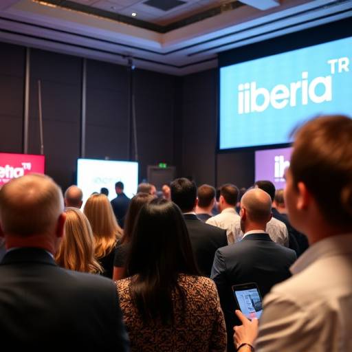 Fotograma de la cobertura de un evento corporativo de Iberia, mostrando a los asistentes participando en una presentación.