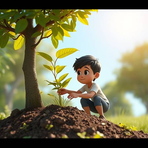 Fotograma del video animado para la campaña de concienciación ambiental de EcoLife España, mostrando un personaje animado plantando un árbol.
